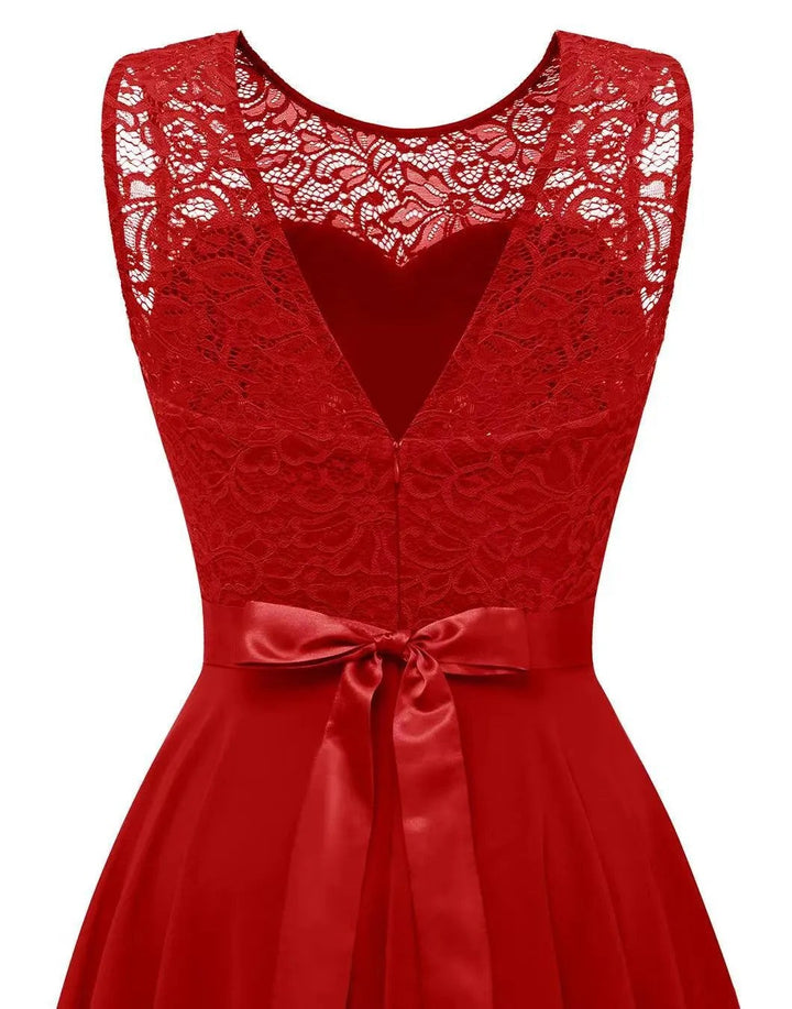 close-up red lace sleeveless bodice with satin ribbon waistband