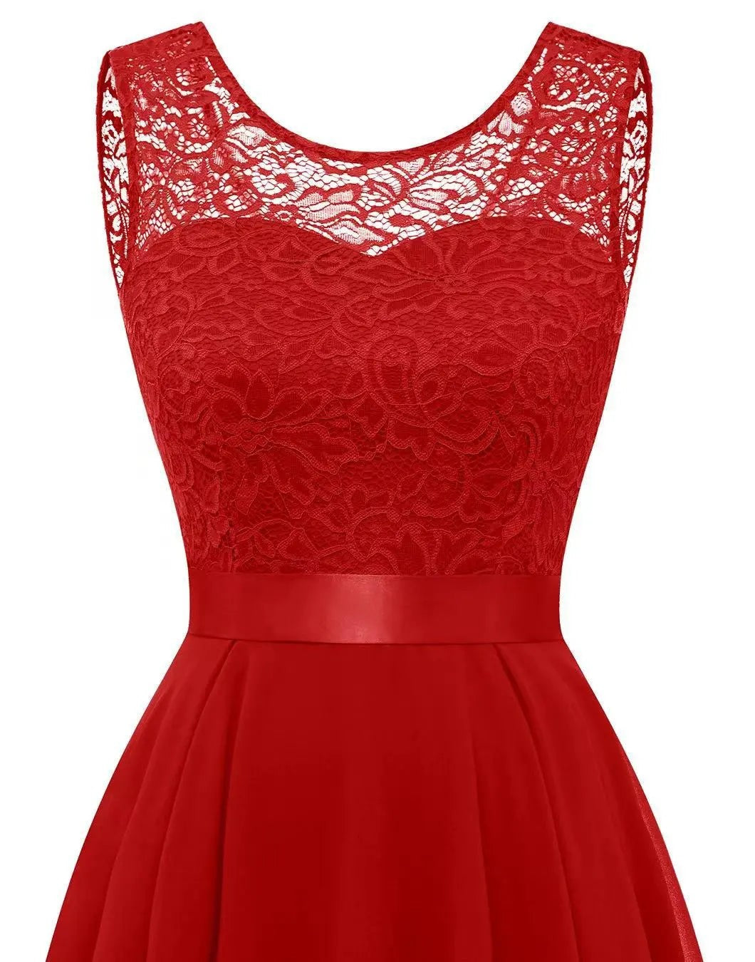 red lace high-low wedding guest dress with satin belt accent