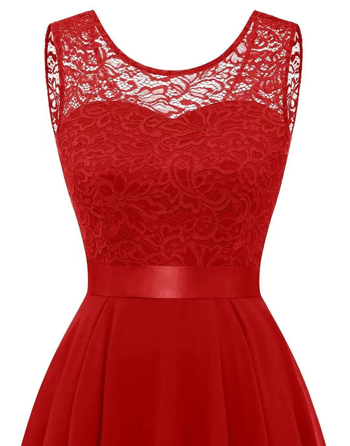 red lace high-low wedding guest dress with satin belt accent