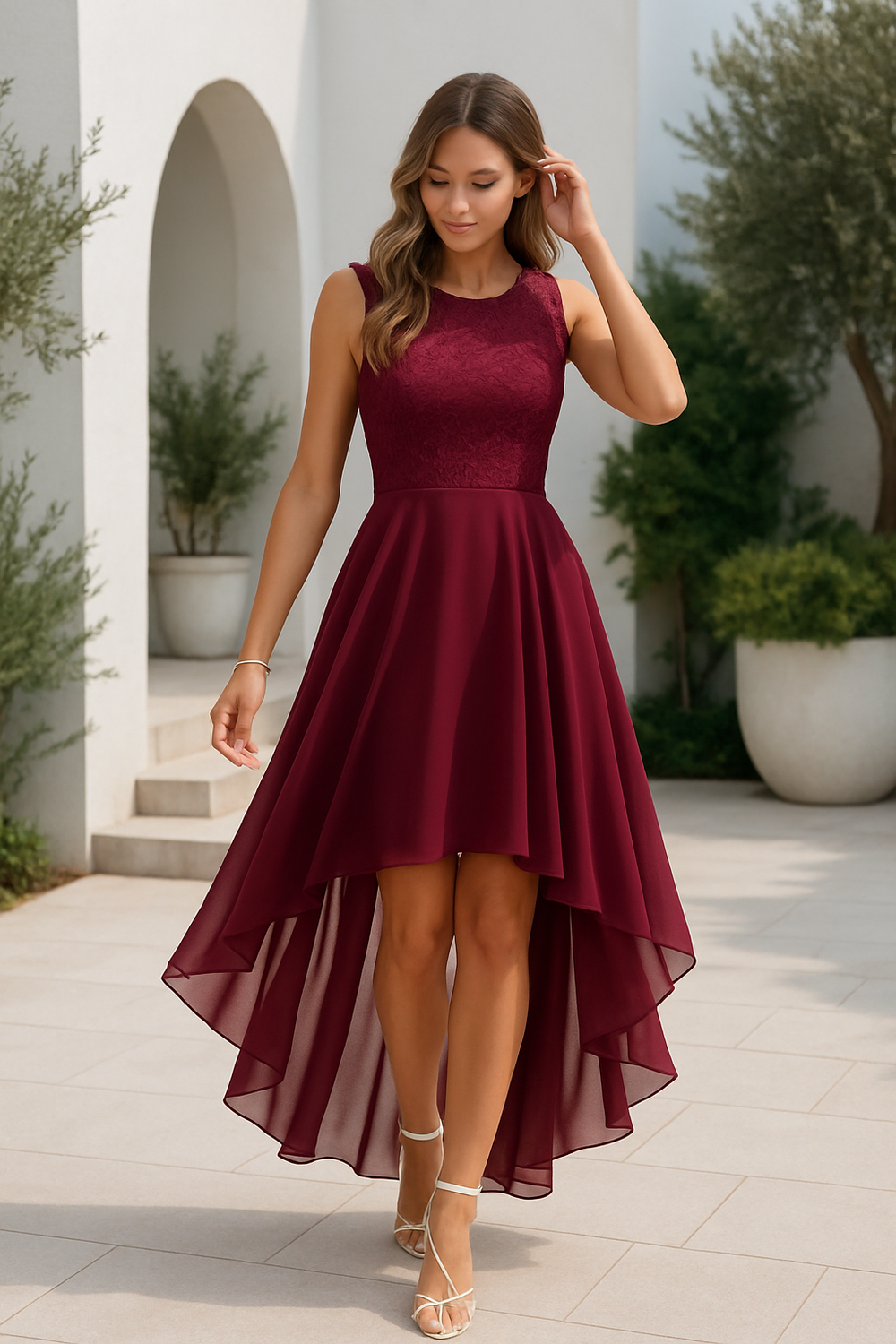 woman walking in burgundy high-low dress with sleeveless lace top