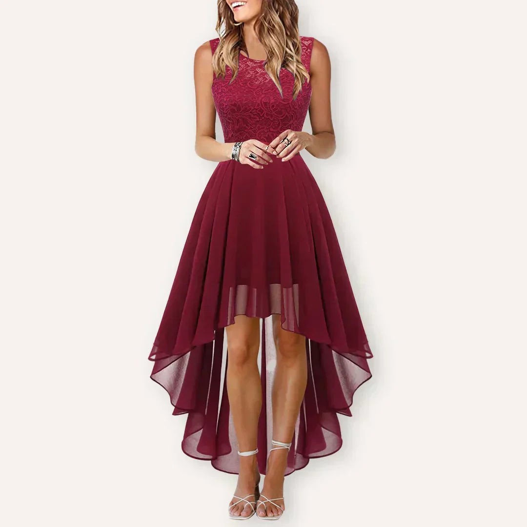 wine red lace high-low dress with sheer chiffon hem on model