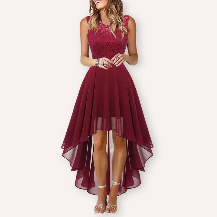 wine red lace high-low dress with sheer chiffon hem on model