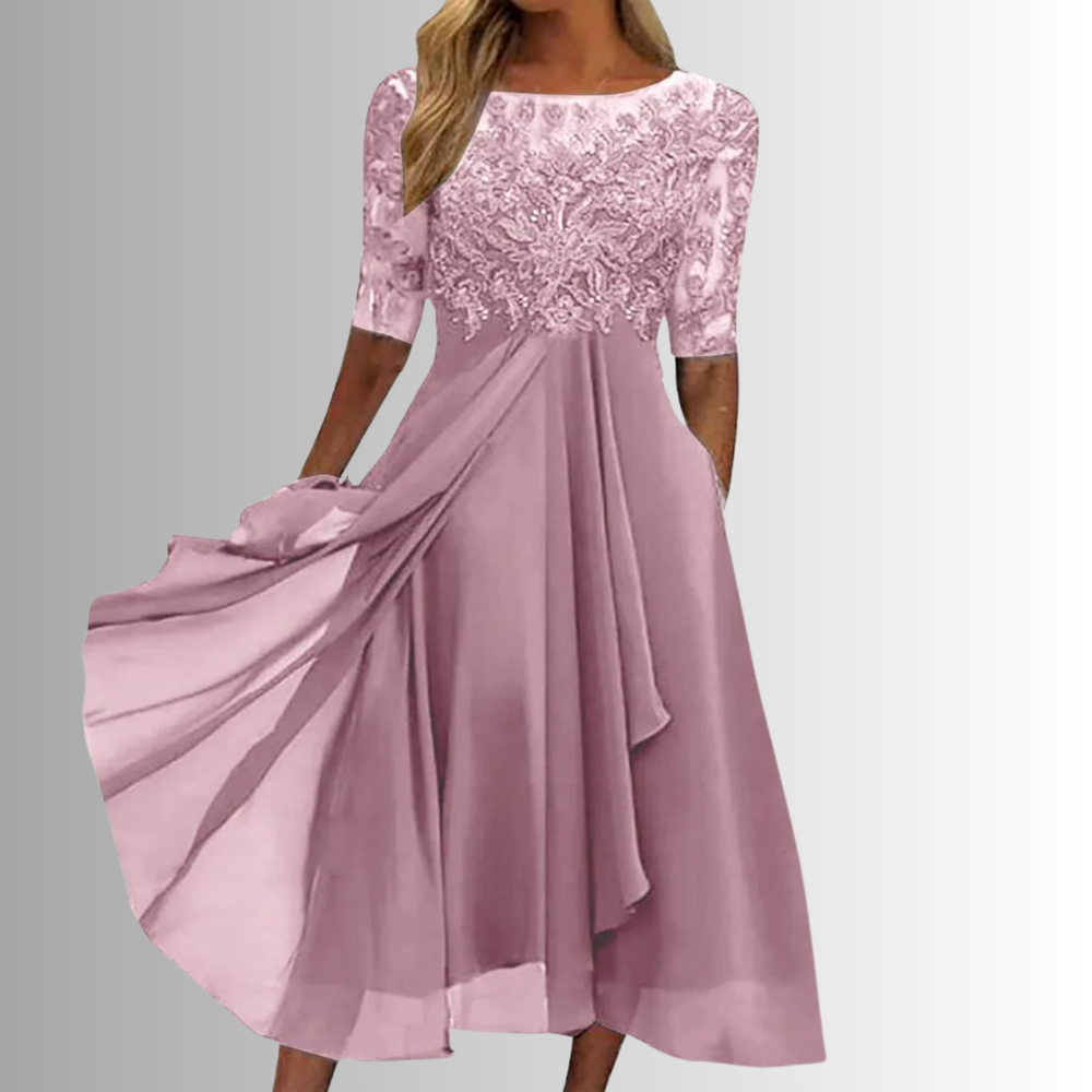 Dusky pink lace-bodice midi dress featuring draped chiffon skirt and sheer sleeves