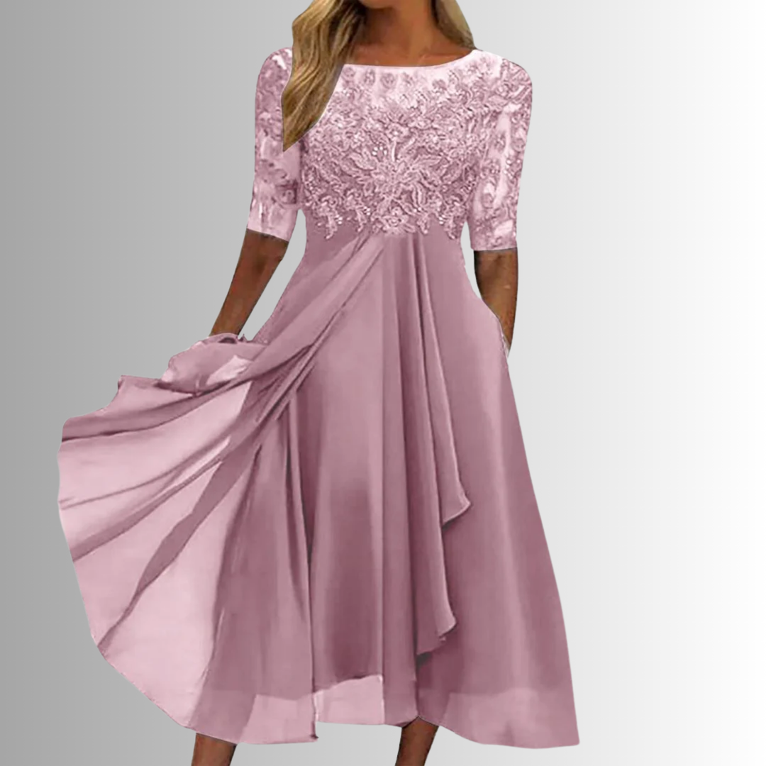 Dusky pink lace-bodice midi dress featuring draped chiffon skirt and sheer sleeves