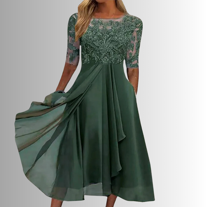 Sage green lace-bodice midi dress with draped chiffon skirt and sheer sleeves