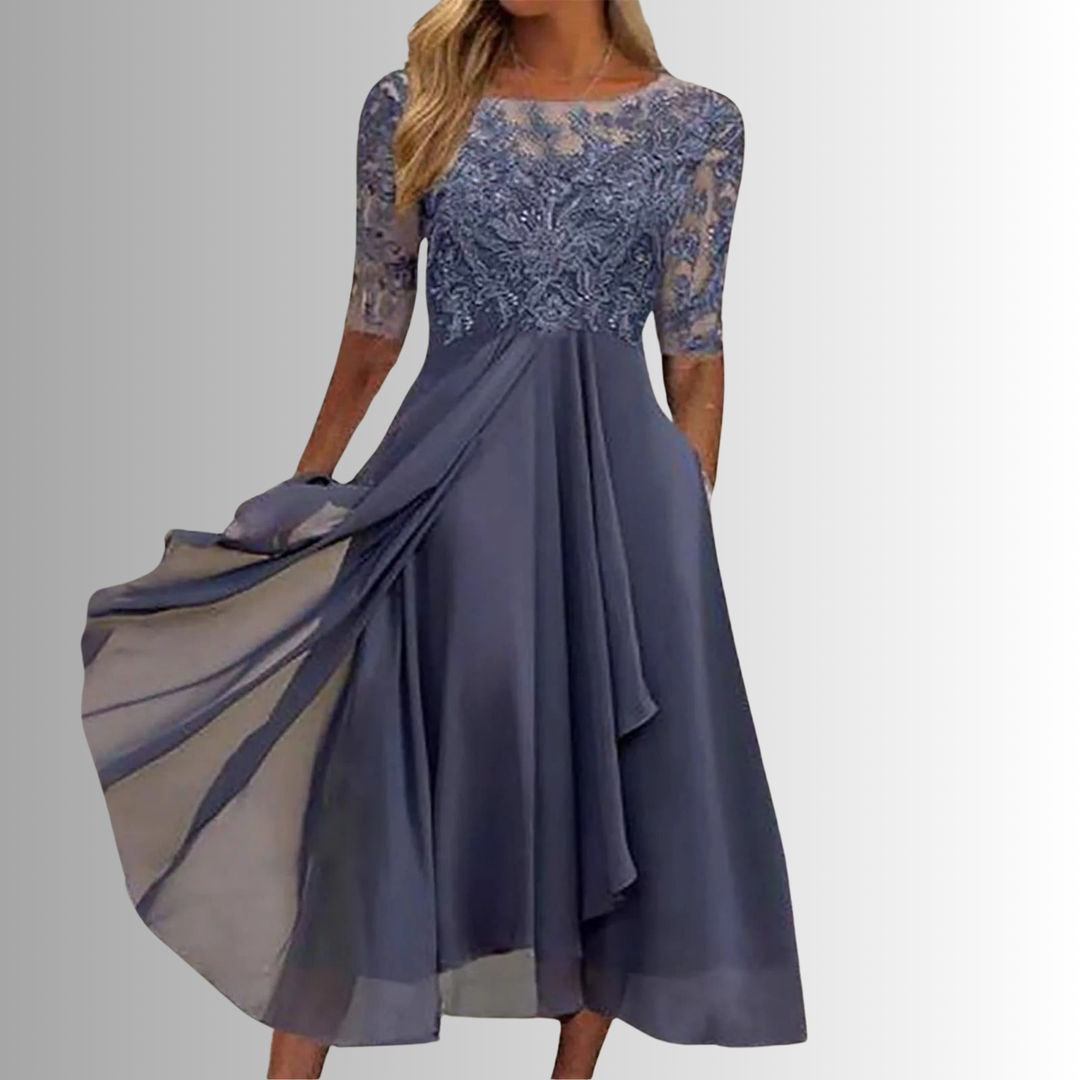 Grey-blue lace-bodice midi dress with asymmetric chiffon skirt and half sleeves