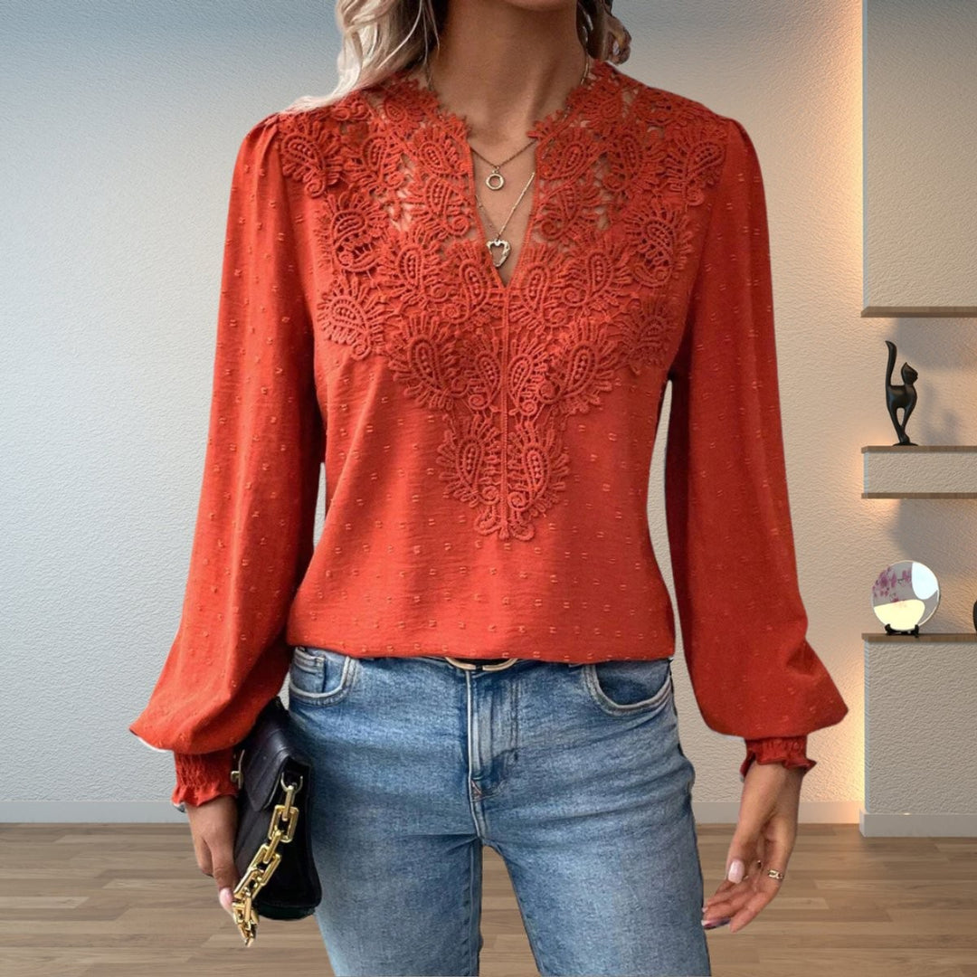 rust orange lace bodice V-neck blouse with long balloon sleeves