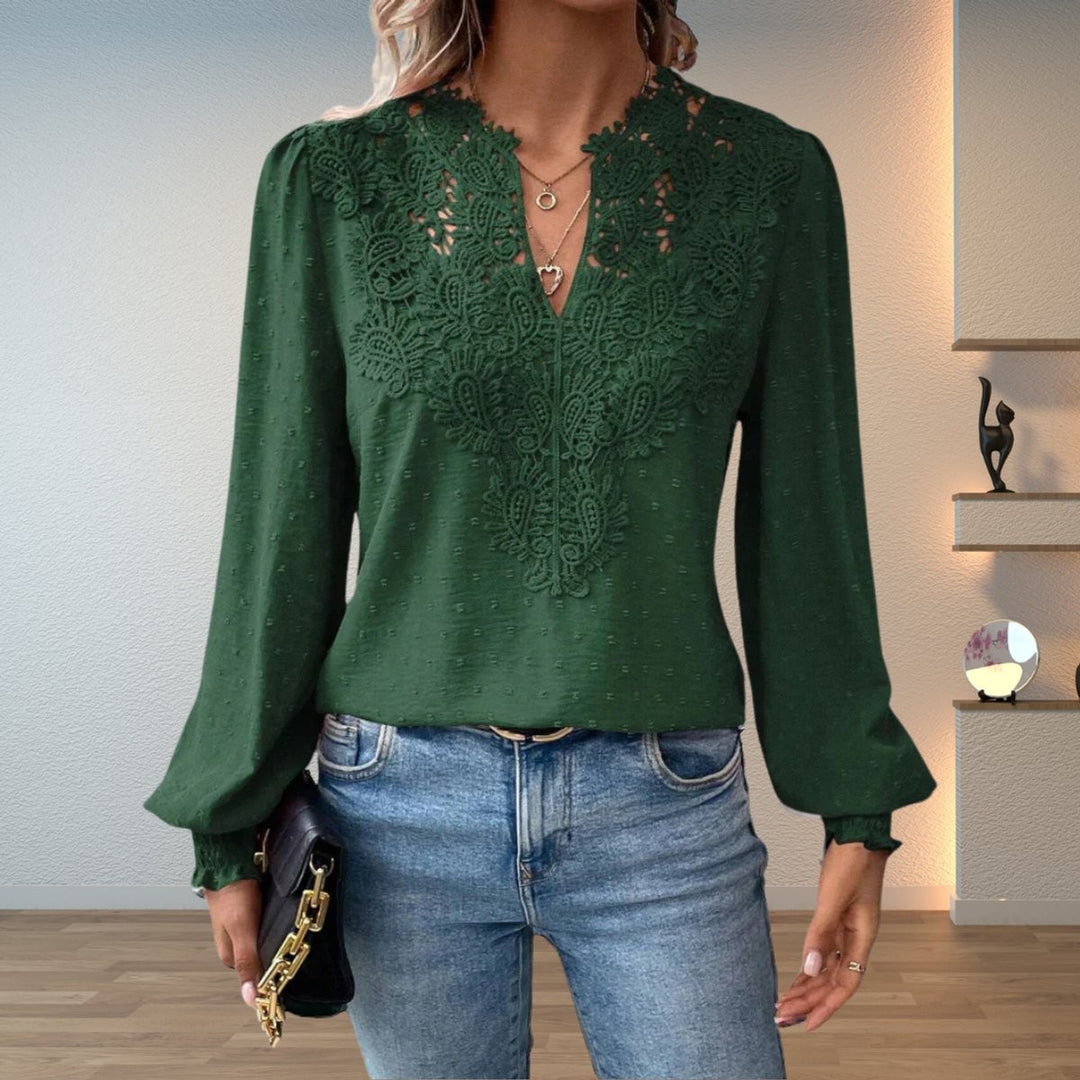 dark green lace bodice blouse with V-neck and long balloon sleeves