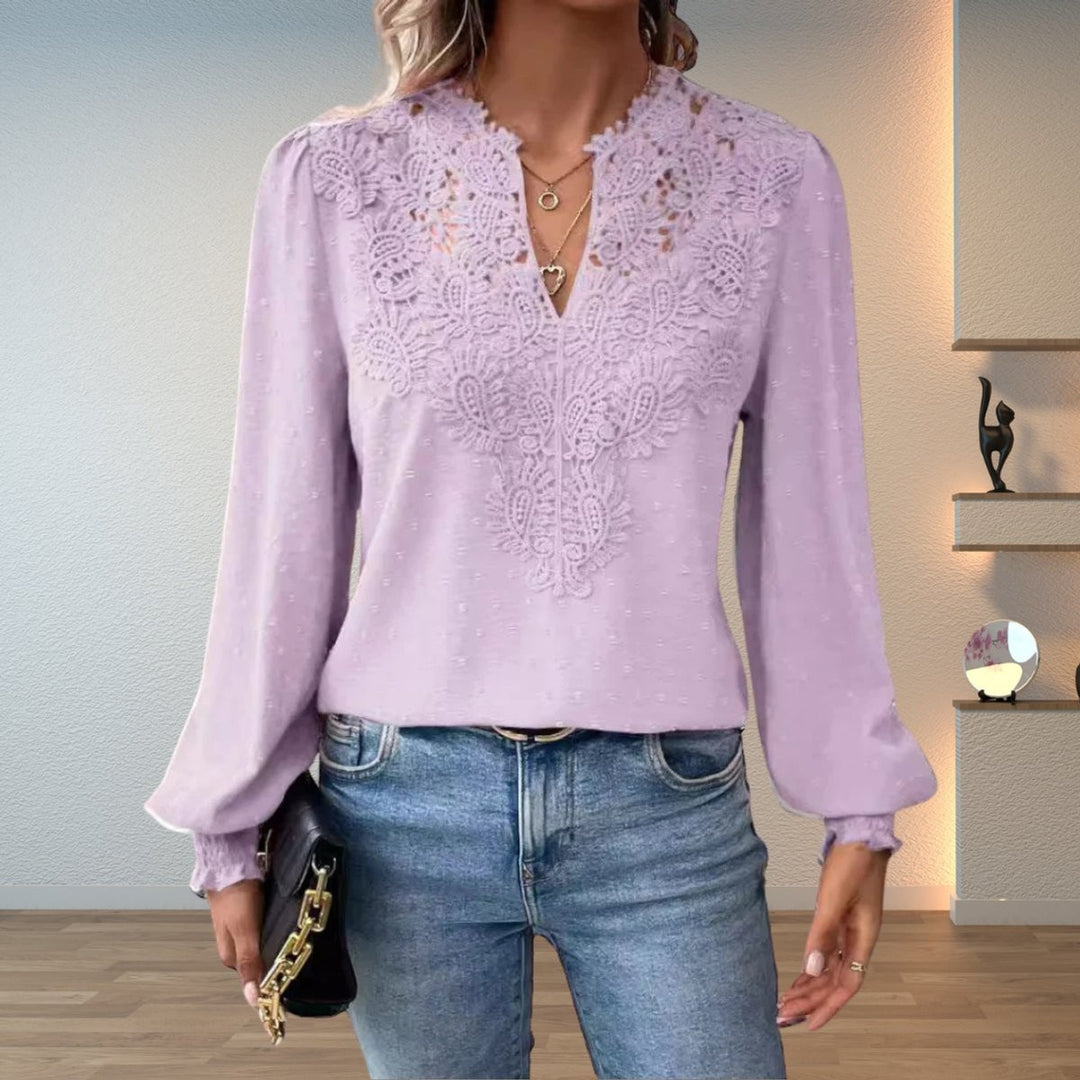 lavender lace-trim V-neck blouse with dobby texture and long sleeves