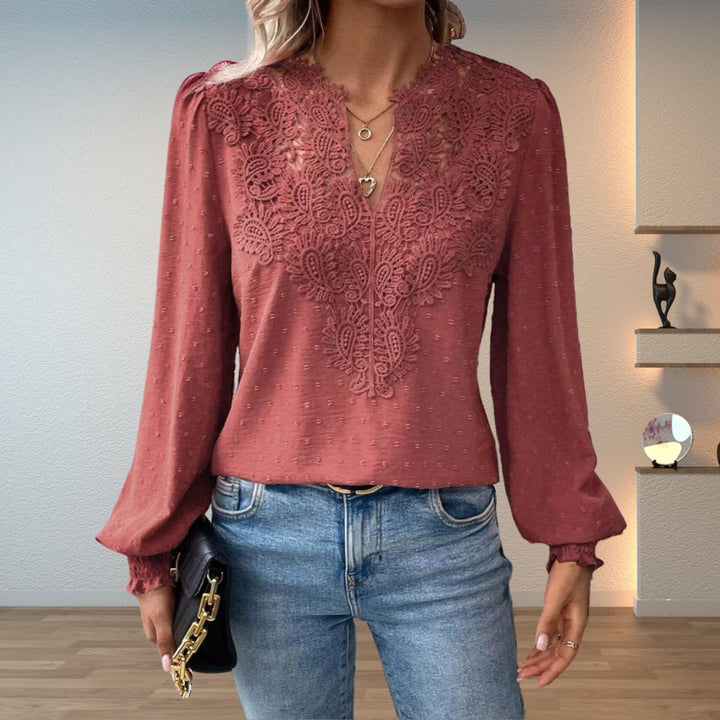 dusty rose lace bodice blouse with V-neck and smocked cuffs