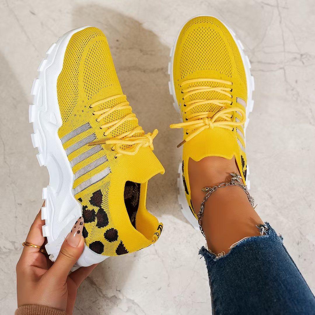 Yellow knit sneakers with leopard print panel and reflective stripe detail