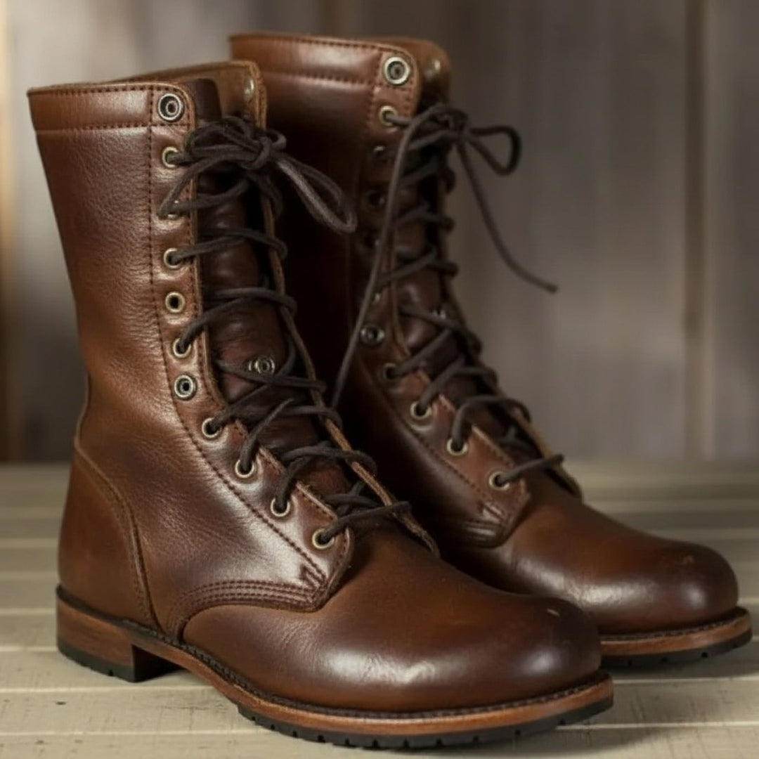 brown leather lace-up combat boots with round toe and lug sole