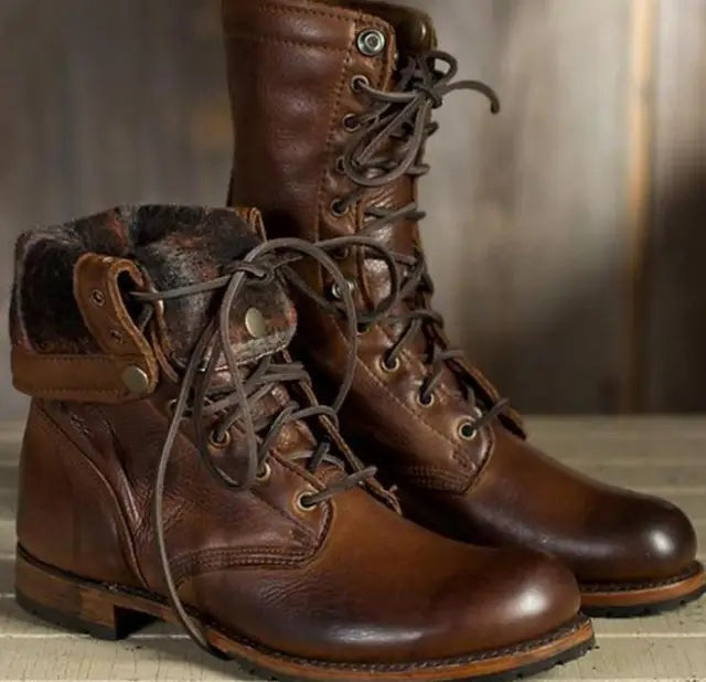 cognac leather lace-up boots with folded cuff and tweed trim