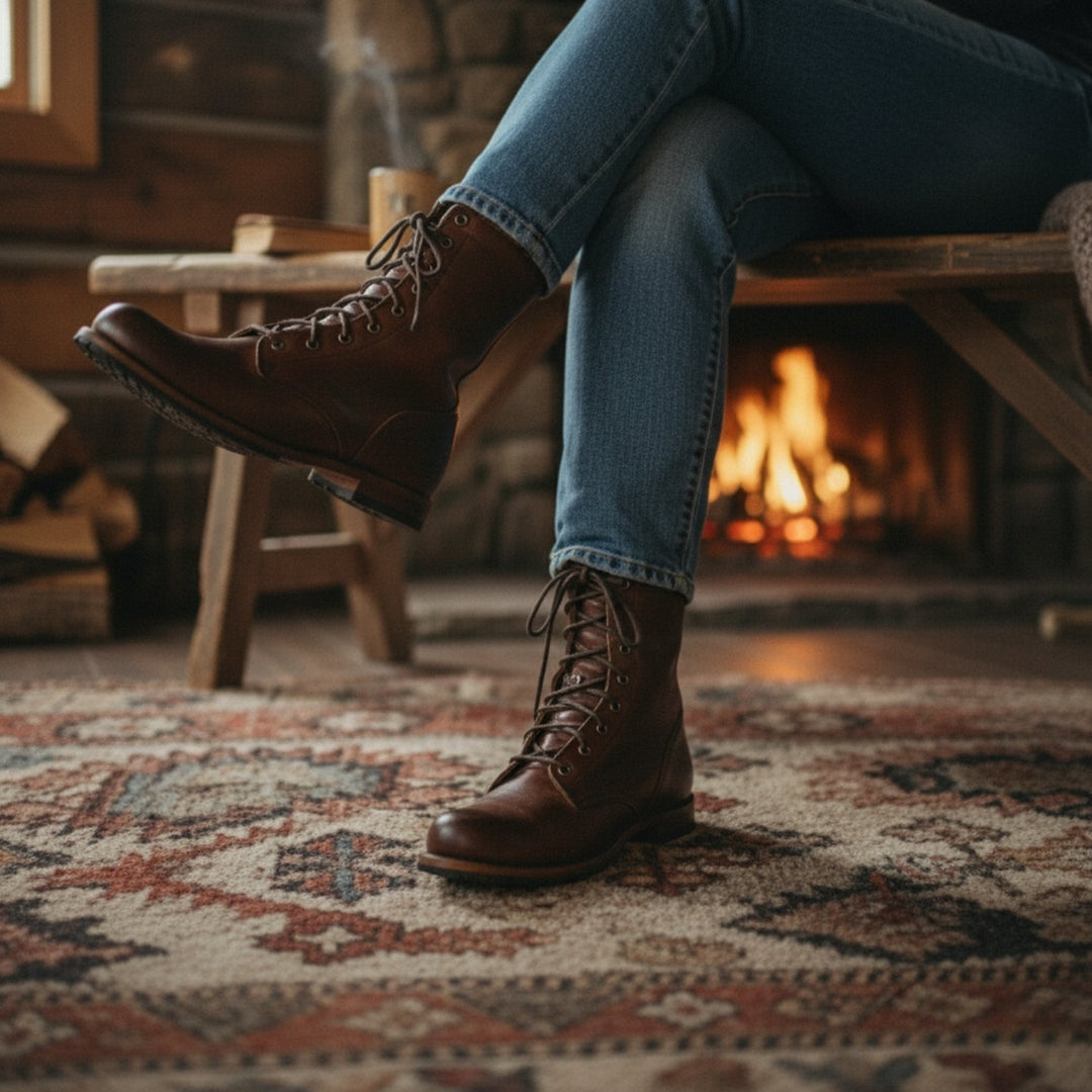 model wearing brown leather lace-up boots with jeans by a fireplace