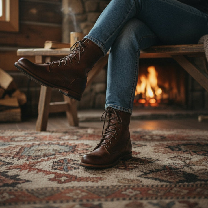 model wearing brown leather lace-up boots with jeans by a fireplace