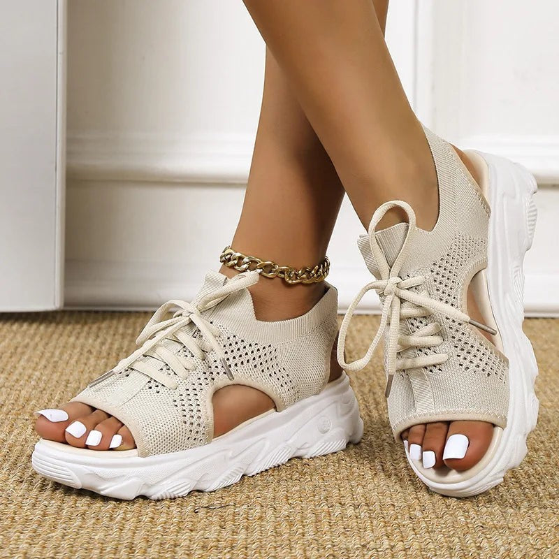 Cream mesh sneaker sandals with cutout sides and chunky white sole