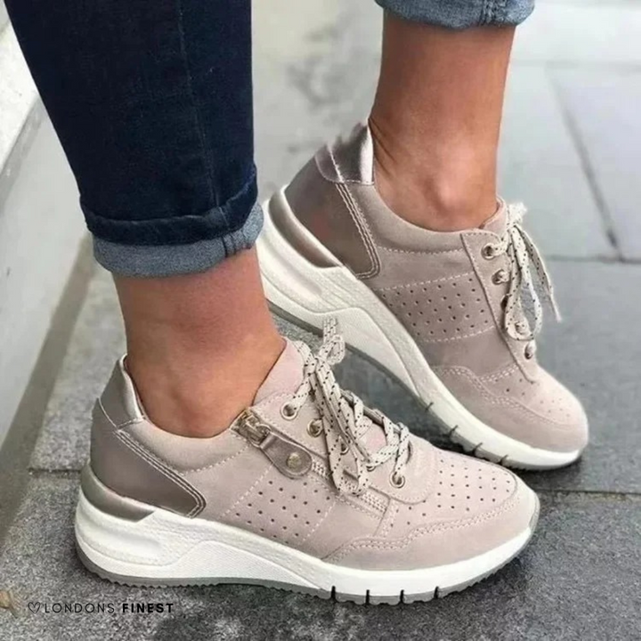 Taupe suede lace-up sneakers with side zipper and cushioned wedge outsole