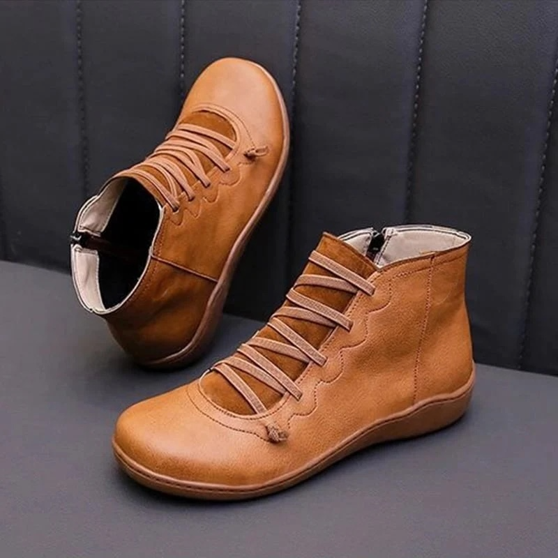 Camel leather ankle boots with scalloped edge and lace-up detail