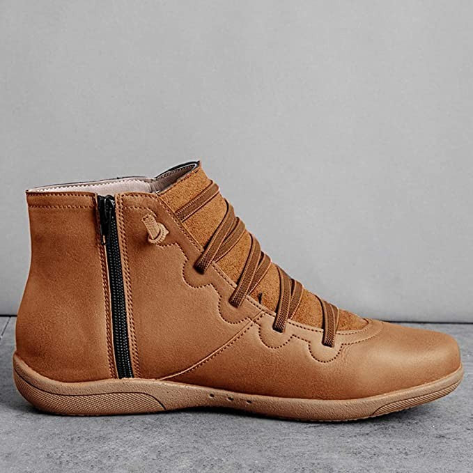Camel leather ankle boot with scalloped trim and side zip closure