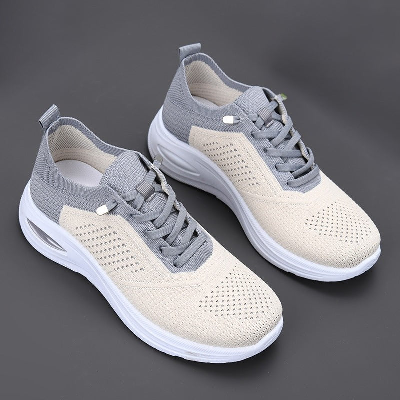 gray and beige mesh sneakers with lace-up closure and white platform outsole