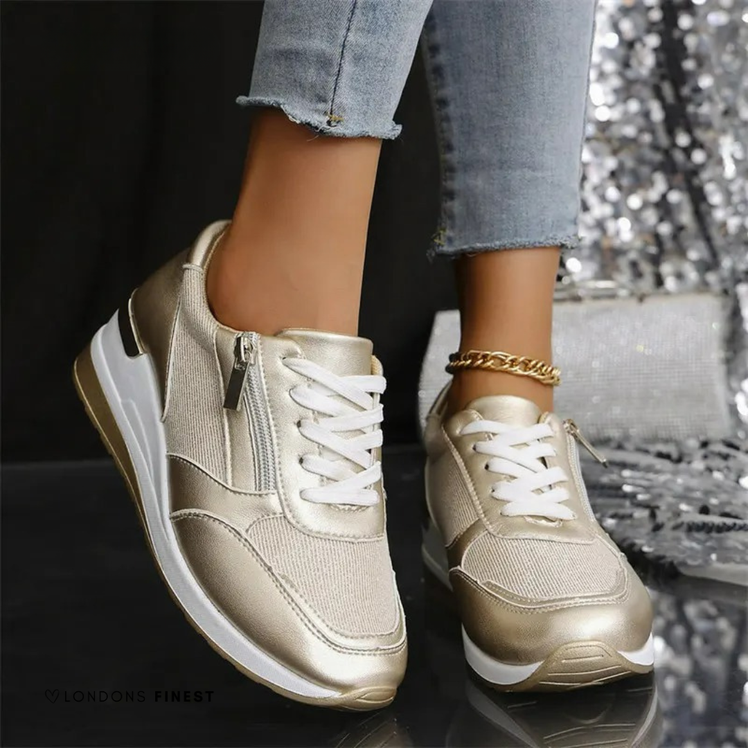 Metallic gold lace-up sneakers with side zipper and orthopedic arch support sole
