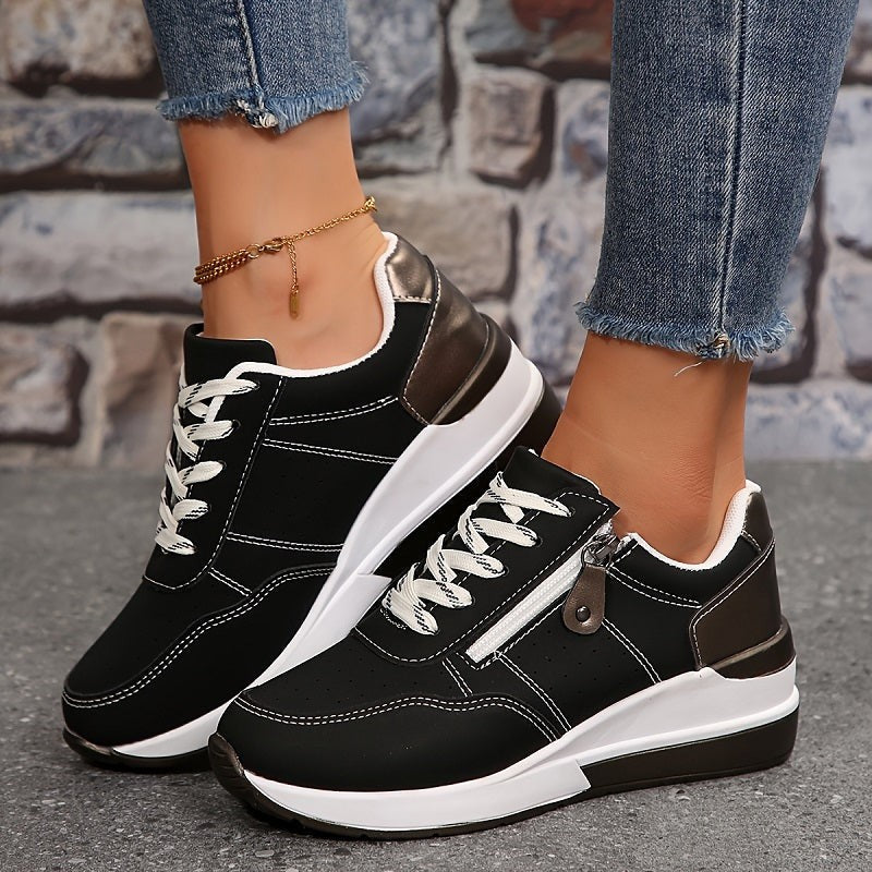 Black and white lace-up sneakers with side zipper and wedge sole