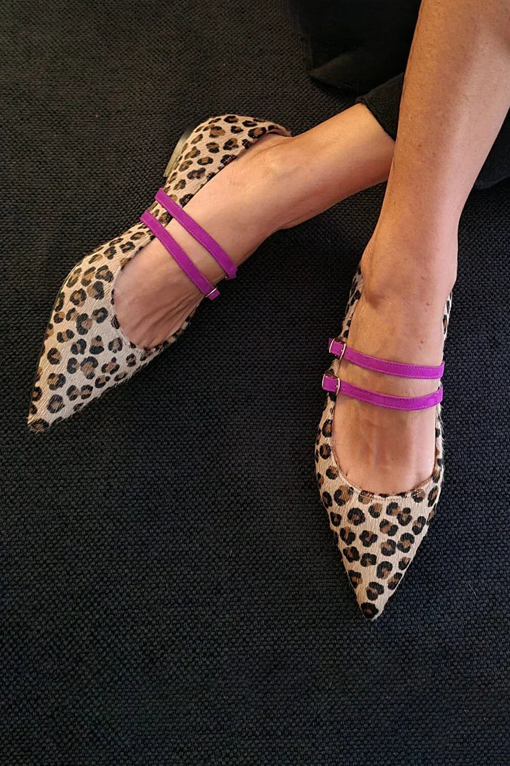 Leopard print pointed-toe Mary Jane flats with double purple ankle straps
