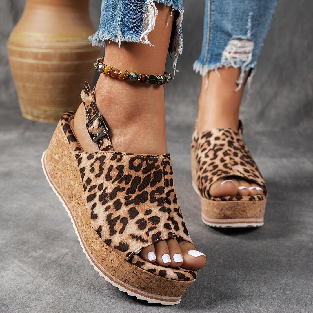 leopard print peep-toe wedge sandals with cork platform sole and ankle buckle