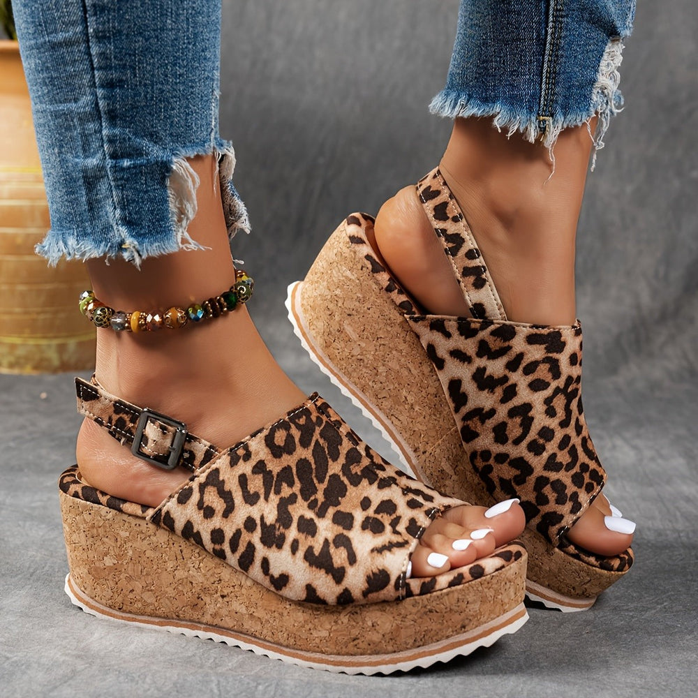 leopard print platform wedge sandals featuring slingback buckle strap design