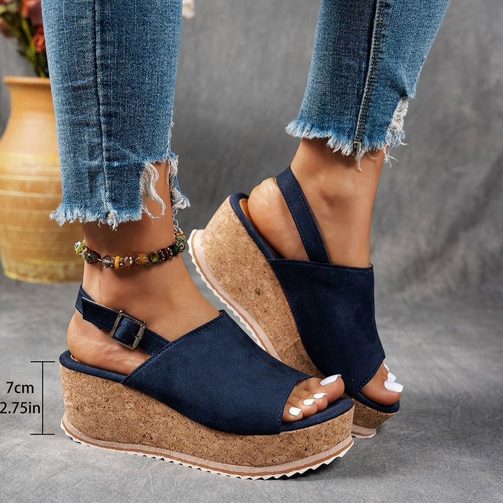 navy suede platform wedge sandals with cork sole and adjustable ankle strap