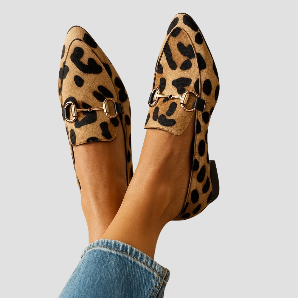 Leopard print pointed-toe loafers with gold horsebit buckle detail