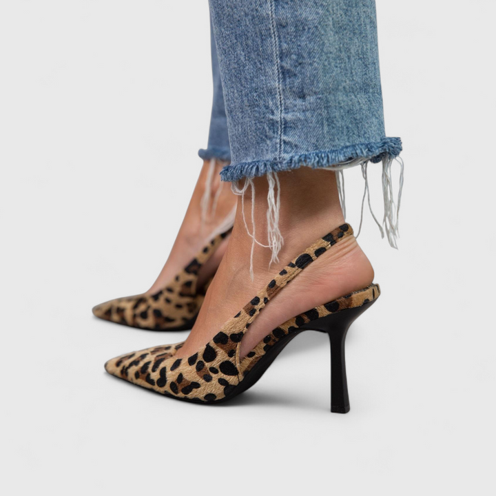 leopard print slingback stiletto heels with pointed toe and frayed denim