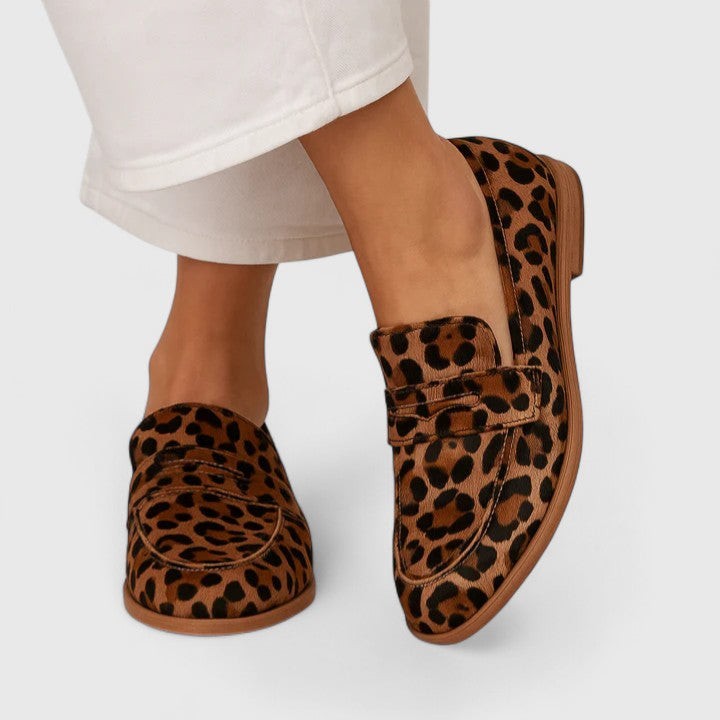Leopard print penny loafers with round toe and stacked low heel