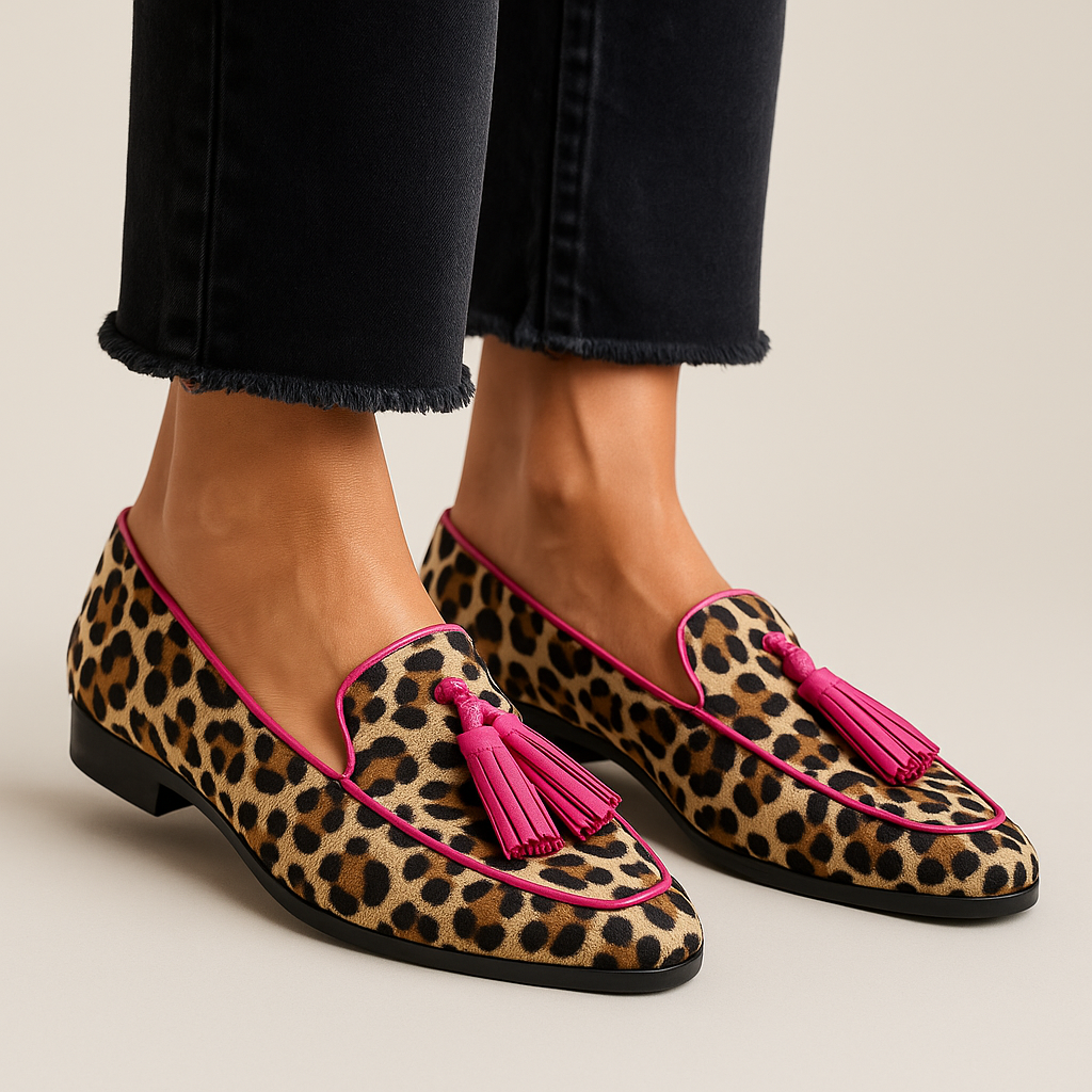 Leopard print tassel loafers with pink piping and suede finish