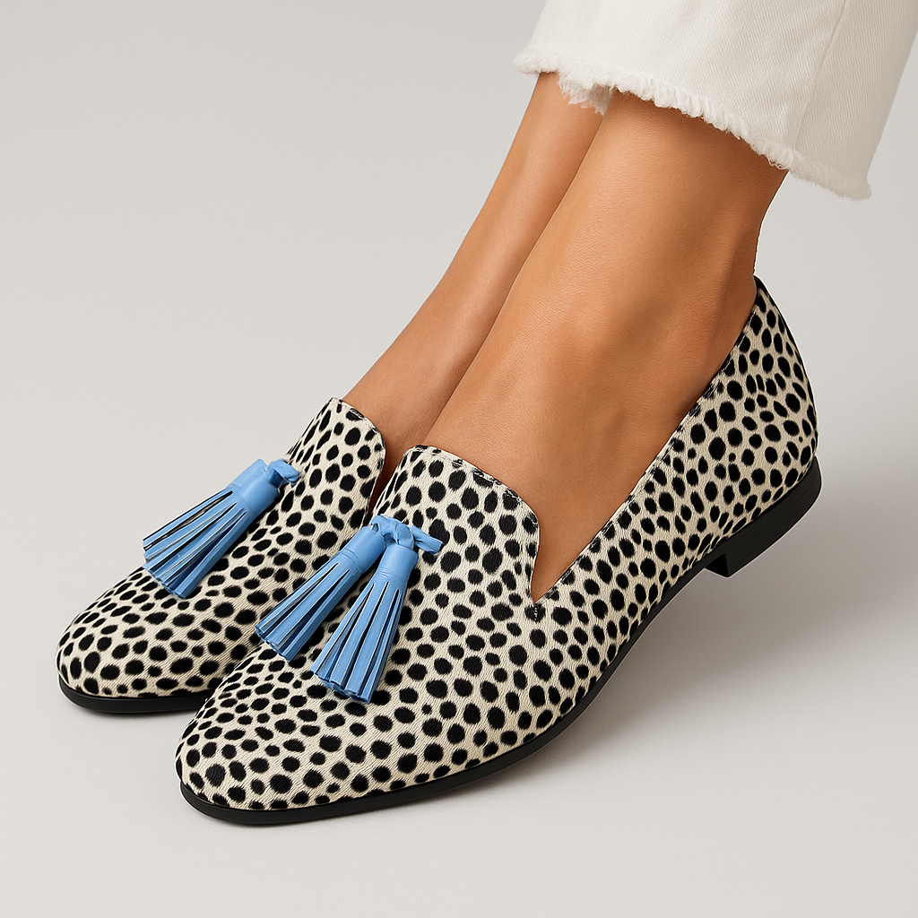 Cheetah-print tassel loafers with blue leather fringe detail and flat sole