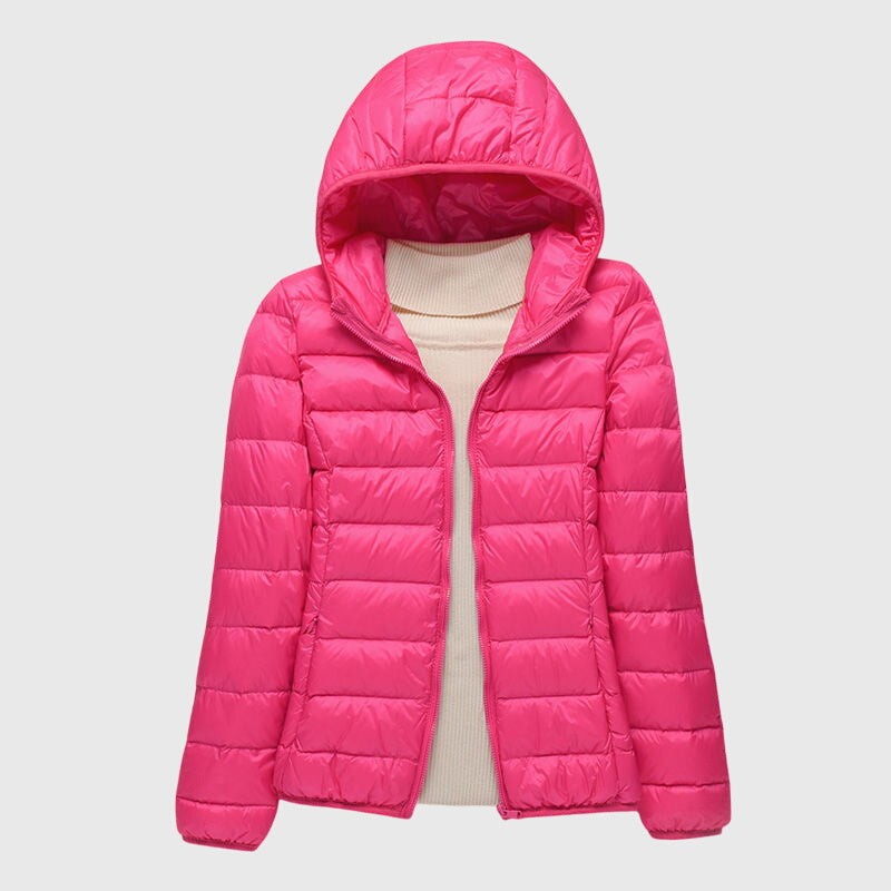 Hot pink hooded puffer jacket with quilted design and full zip closure