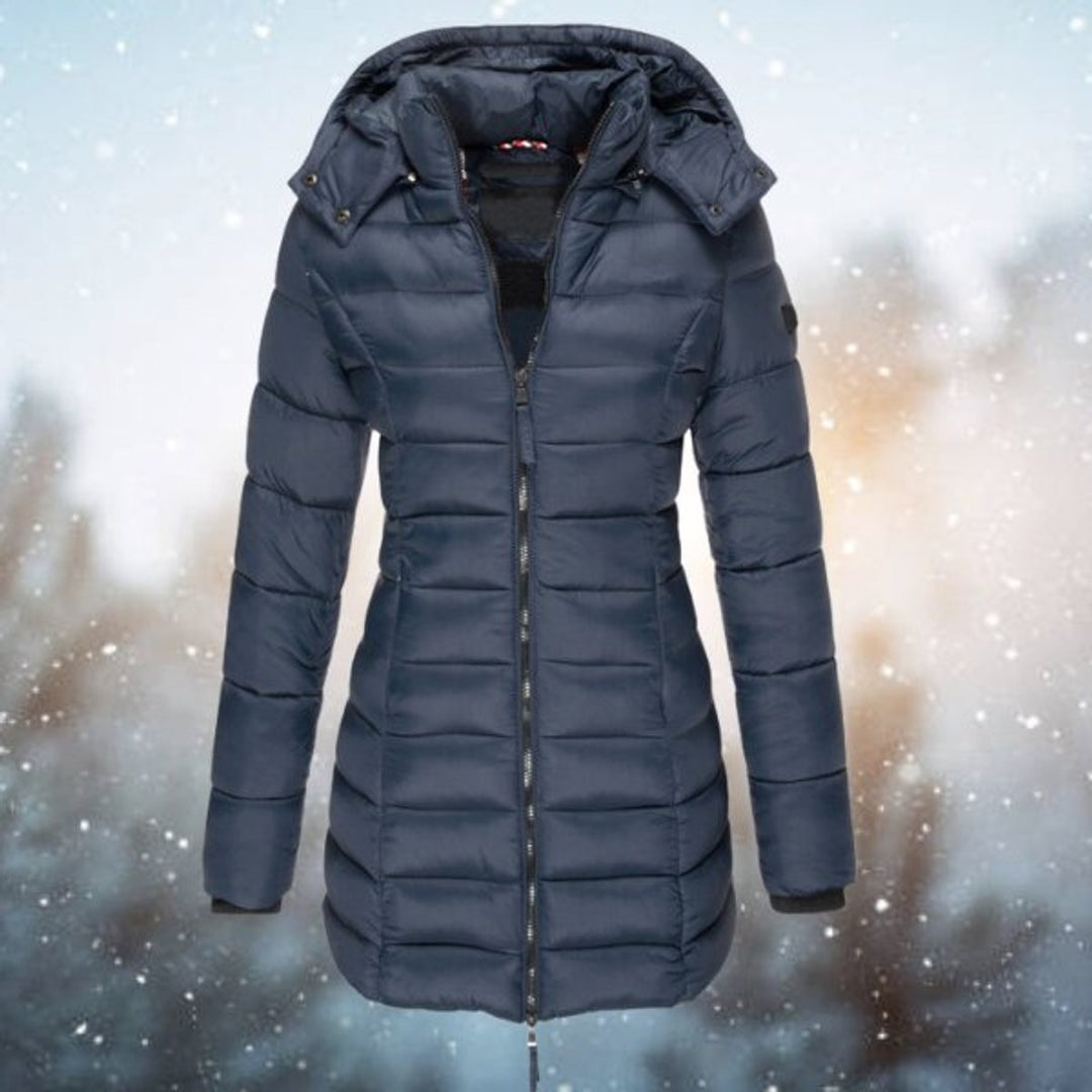 Navy blue long hooded puffer jacket with quilted zip-up design