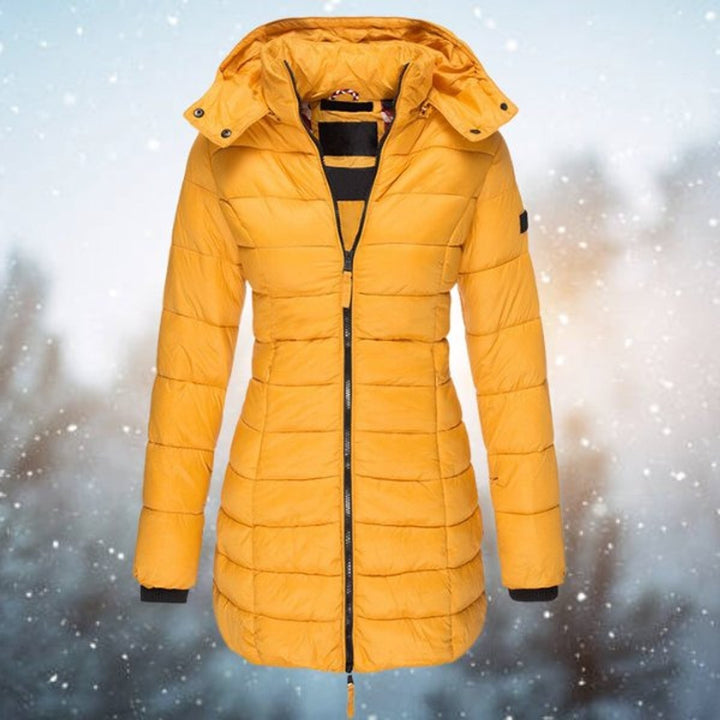 Mustard yellow long hooded puffer coat with quilted panels