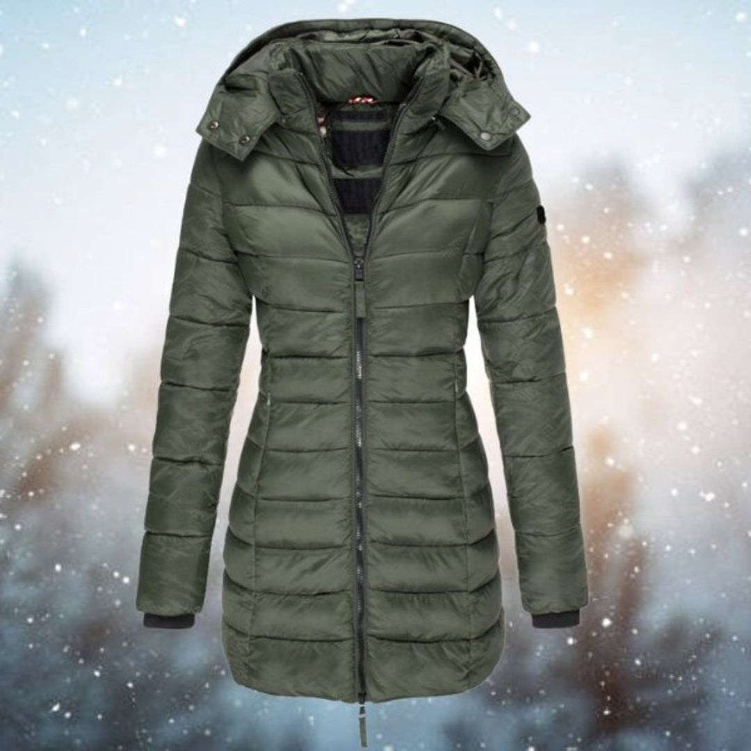 Olive green long hooded puffer jacket with zip-up front