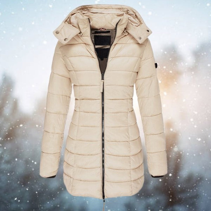 Beige long hooded puffer coat with quilted texture
