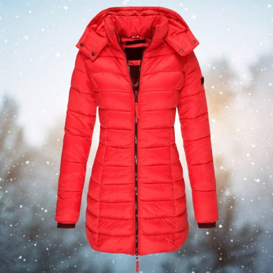 Red long hooded puffer jacket with zip-up closure