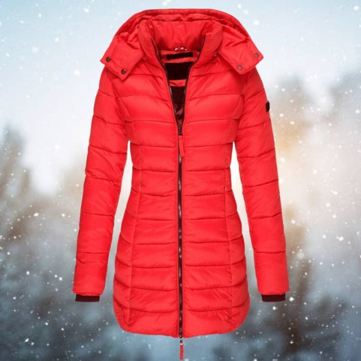 Red long hooded puffer jacket with zip-up closure