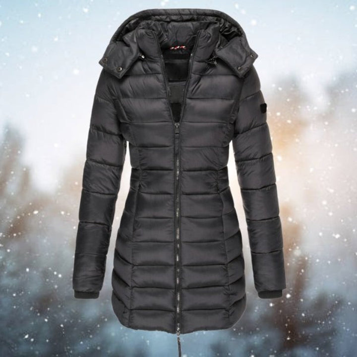 Black long hooded puffer coat with quilted panels