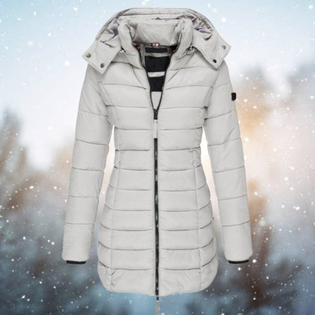 Light gray long hooded puffer jacket with zip-up front