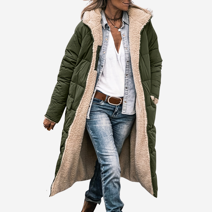 Olive green long puffer coat with sherpa-lined hood and oversized fit