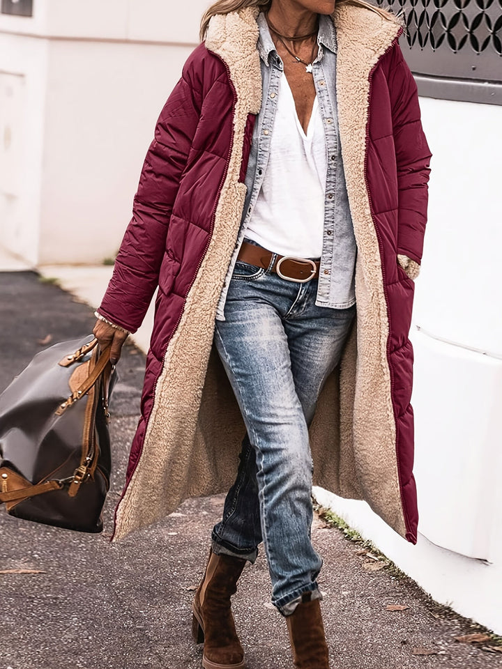 Burgundy maxi puffer coat with cozy sherpa trim and hooded design