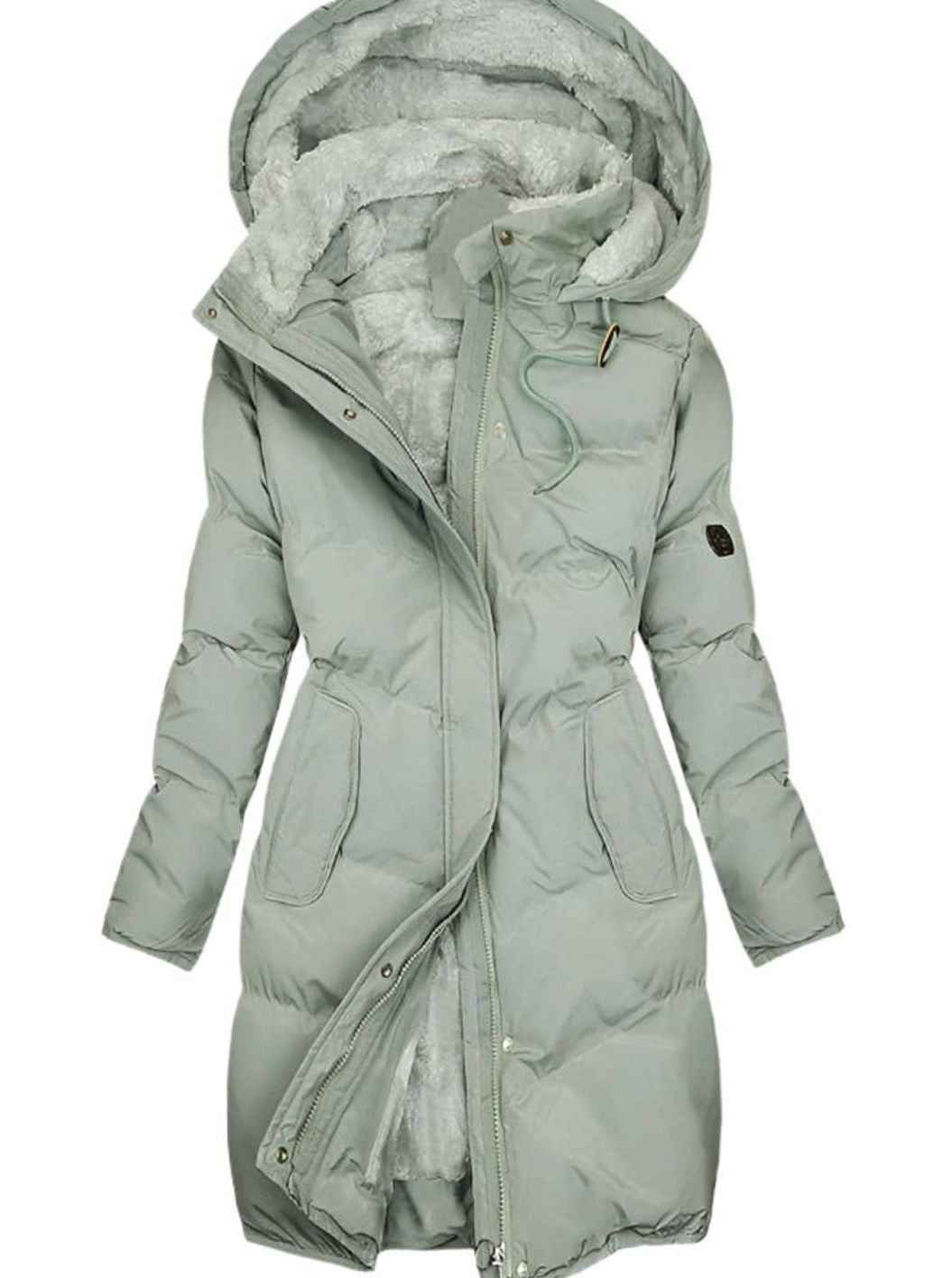 Sage green quilted winter coat with fleece-lined hood and drawstring waist