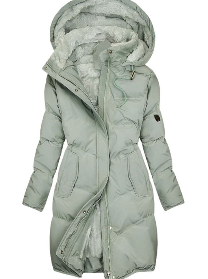 Sage green quilted winter coat with fleece-lined hood and drawstring waist