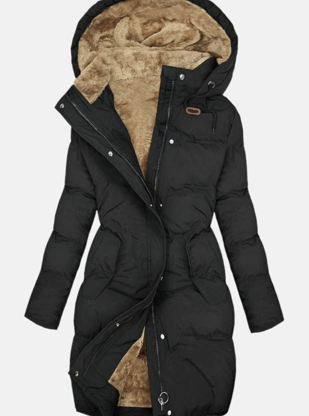 Black puffer coat featuring faux fur-lined hood and tan sherpa interior