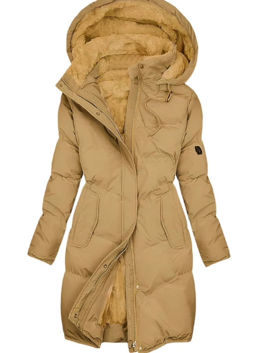 Camel long quilted parka with fur-trimmed hood and cinched waist